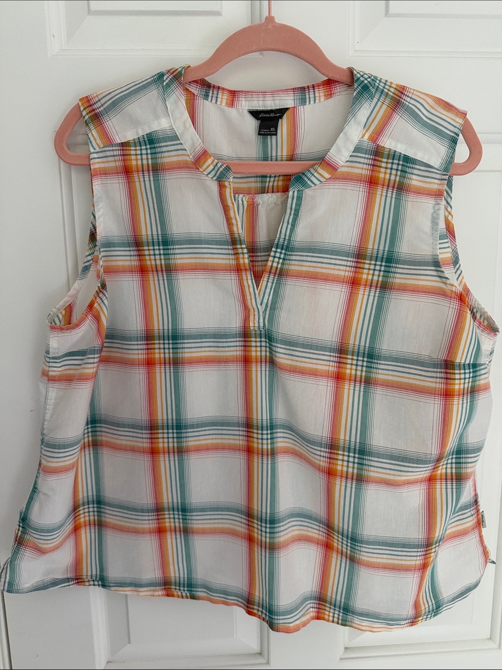 Eddie Bauer White Plaid Sleeveless V-Neck Top with Teal & Orange